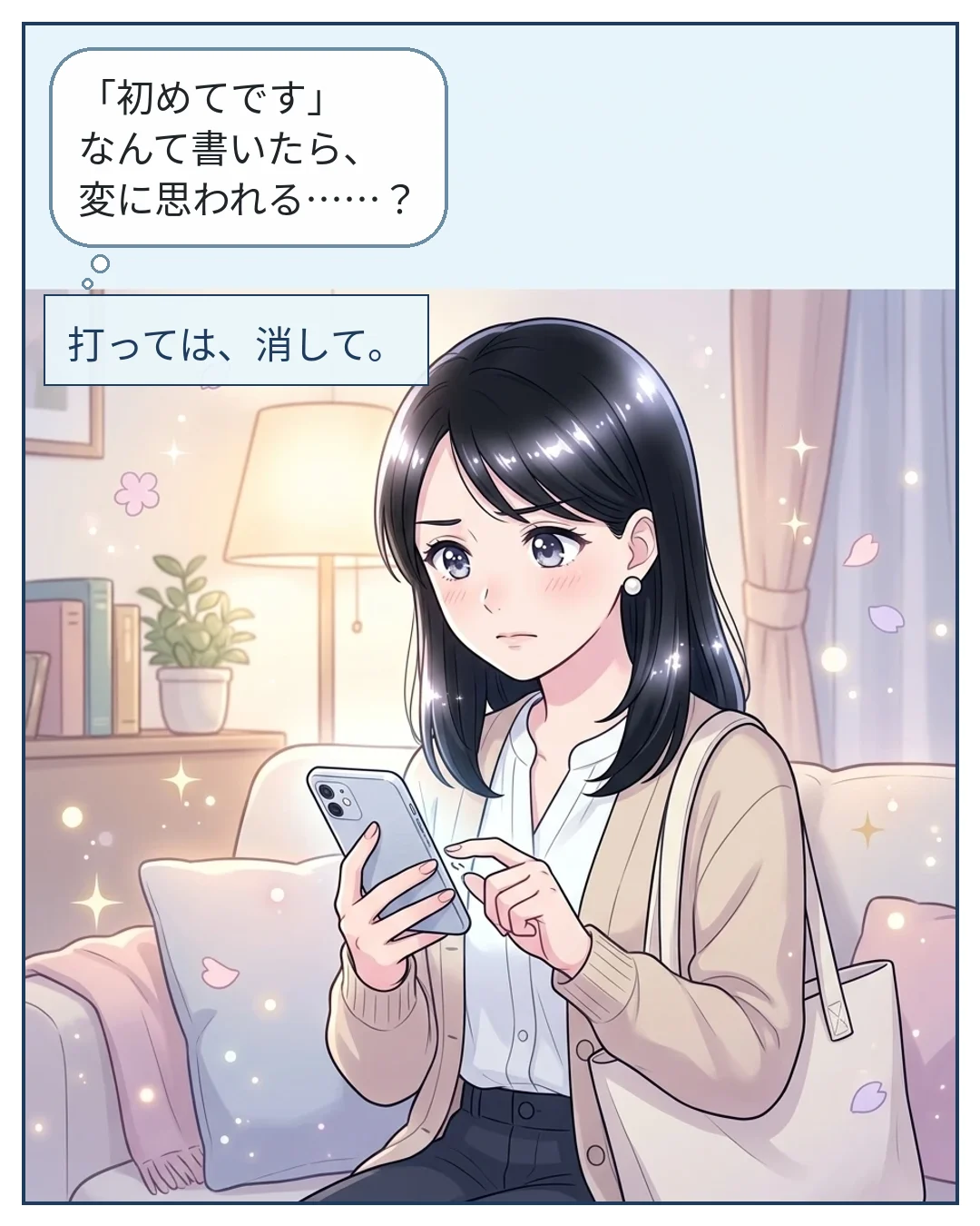 2コマ目：ミオ「「初めてです」なんて書いたら、変に思われる……？」　打っては、消して。