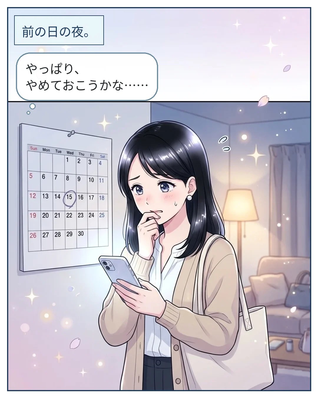6コマ目：前の日の夜。　ミオ「やっぱり、やめておこうかな……」