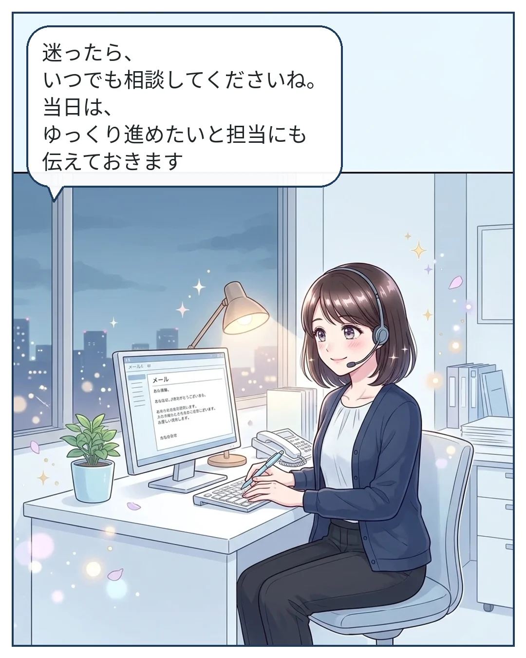 7コマ目：ナナセ「迷ったら、いつでも相談してくださいね。当日は、ゆっくり進めたいと担当にも伝えておきます」