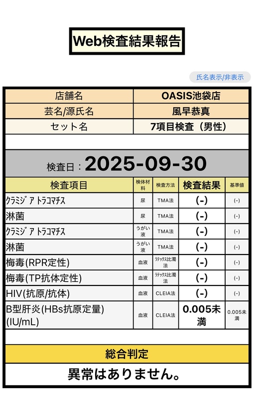 風早恭真(ｶｾﾞﾊﾔｷｮｳﾏ) 性病検査