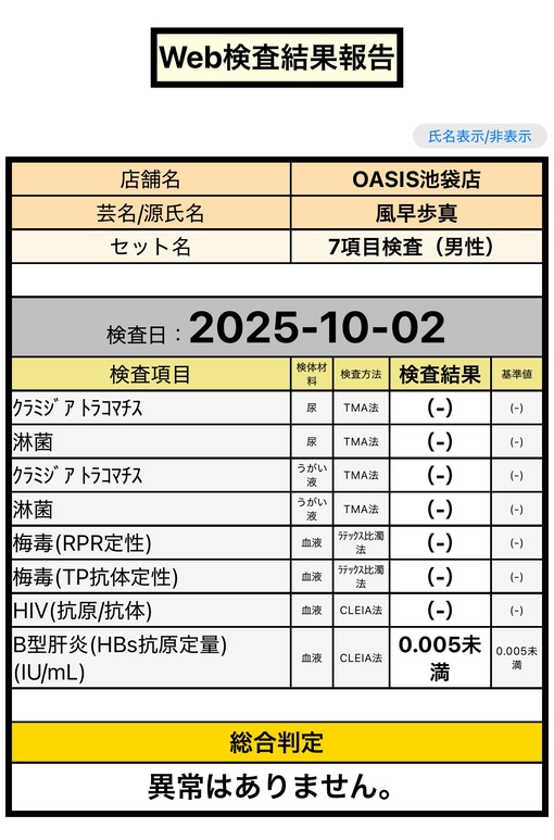 風早歩真(ｶｾﾞﾊﾔｱﾕﾏ) 性病検査