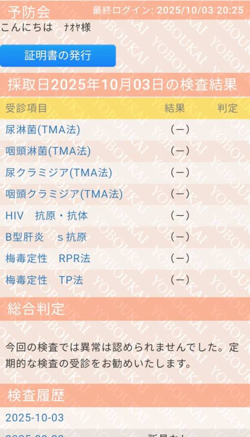 NAOYA(ﾅｵﾔ) 【10月度 性病検査結果💉】