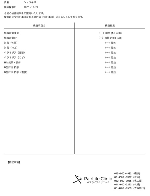 青山翔輝(アオヤマショウキ) 性病検査異常なし