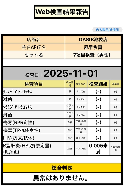 風早歩真(ｶｾﾞﾊﾔｱﾕﾏ) 性病検査