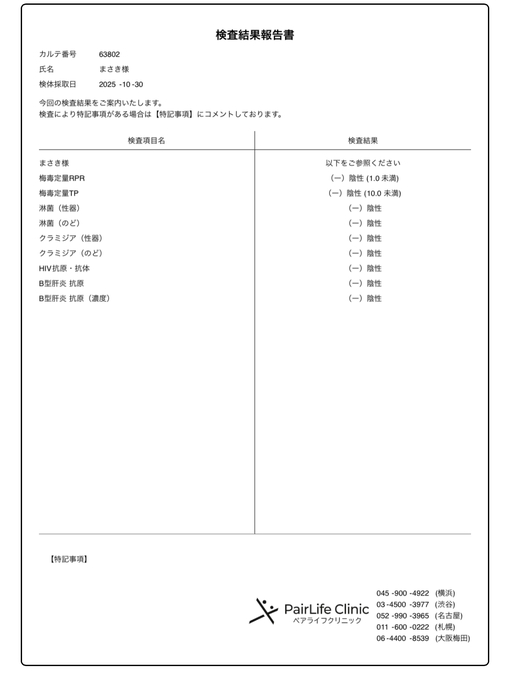 MASAKI(ﾏｻｷ) 11月性病検査結果