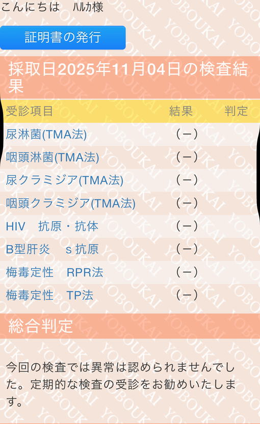 HARUKA(ﾊﾙｶ) 11月性病検査