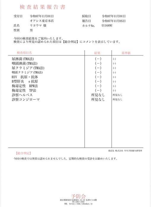 RYOUMA(ﾘｮｳﾏ) 💎性病検査報告💎