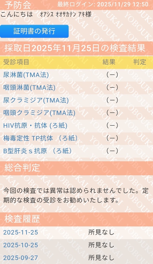 AKI(ｱｷ) ⚪🔵12月度性病検査結果⚪🔵