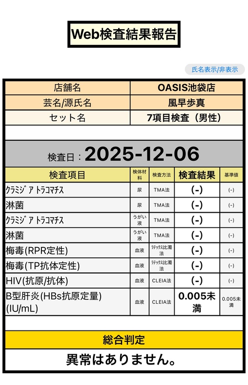 風早歩真(ｶｾﾞﾊﾔｱﾕﾏ) 性病検査