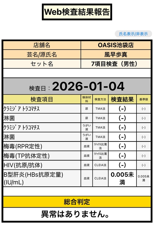 風早歩真(ｶｾﾞﾊﾔｱﾕﾏ) 性病検査