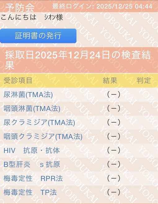 SHION(ｼｵﾝ) 性病検査結果💎