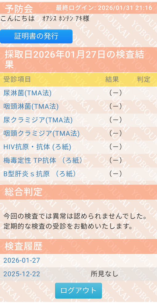 AKI(ｱｷ) ⚪🔵2月性病検査結果報告⚪🔵