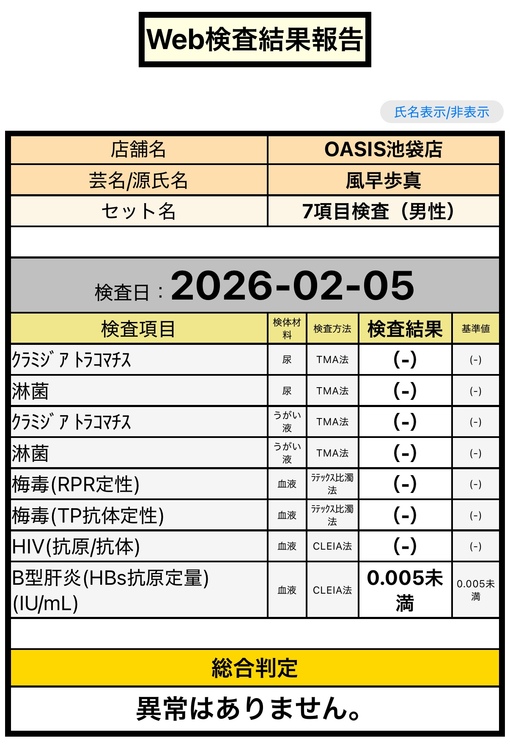 風早歩真(ｶｾﾞﾊﾔｱﾕﾏ) 性病検査