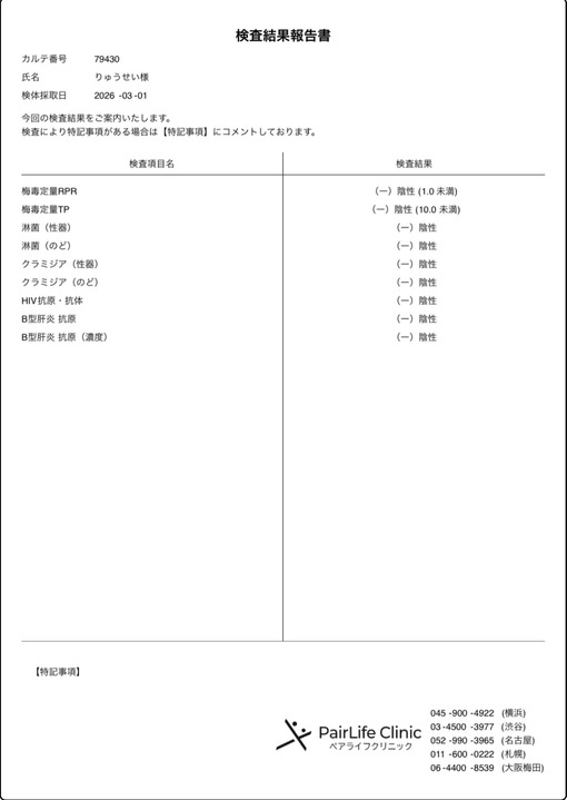 RYUSEI(ﾘｭｳｾｲ) 検査結果