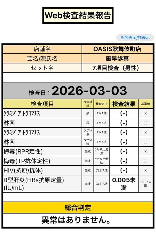 風早歩真(ｶｾﾞﾊﾔｱﾕﾏ) 性病検査