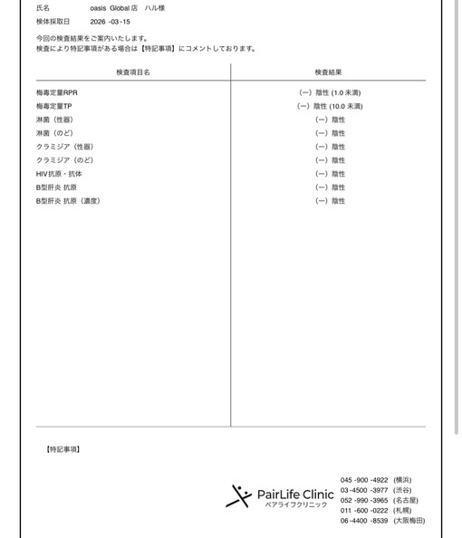HARU 【3月後半】性病検査結果💡