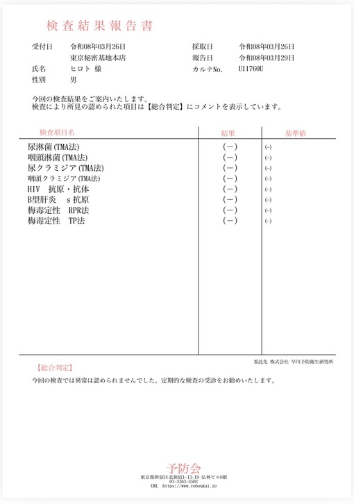 HIROTO(ﾋﾛﾄ) 検査結果