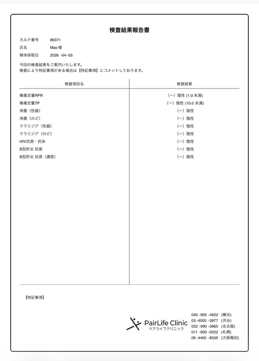 MAO 4月性病検査報告♩