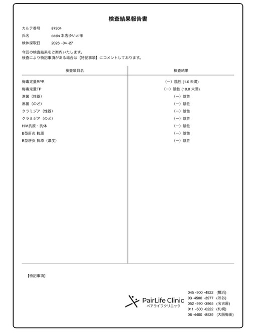 YUITO(ﾕｲﾄ) 性病検査結果