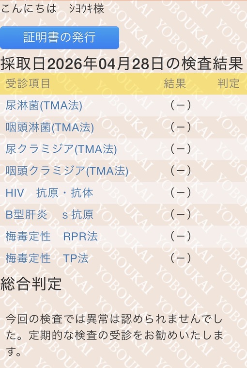 青山翔輝(ｱｵﾔﾏｼｮｳｷ) 性病検査結果