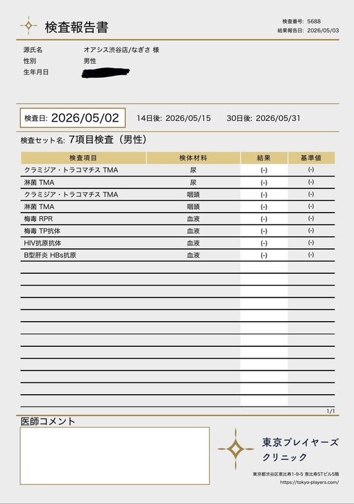 NAGISA(ﾅｷﾞｻ) 検査結果のご報告