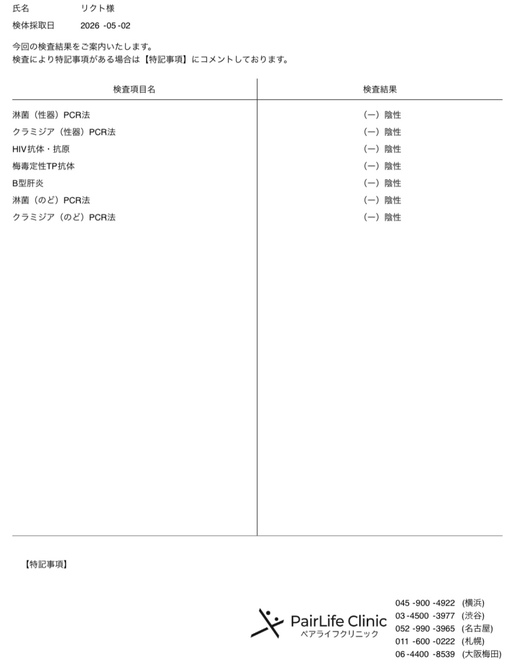 一ノ瀬りくと(ｲﾁﾉｾﾘｸﾄ) 5月　性病検査結果⭕️