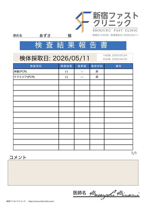 AZUSA(ｱｽﾞｻ) 4月性病検査(再検査)