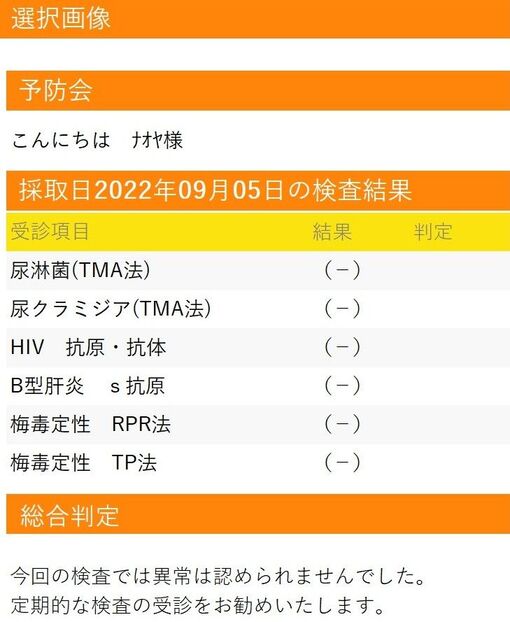 NAOYA(ﾅｵﾔ) 9月性病検査報告