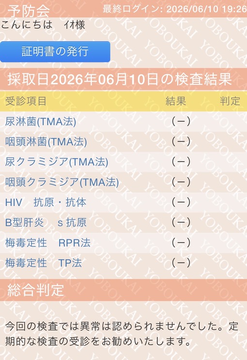 IO(ｲｵ) 6月度性病検査結果