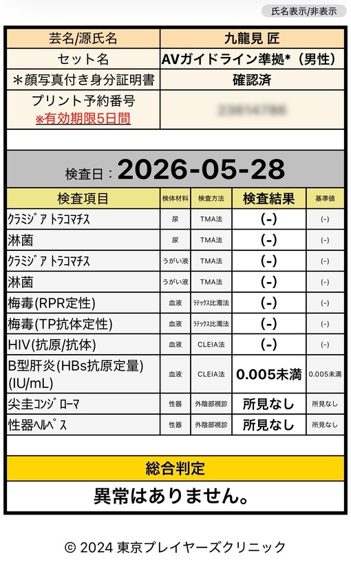 TAKUMI(ﾀｸﾐ) 性病検査結果について