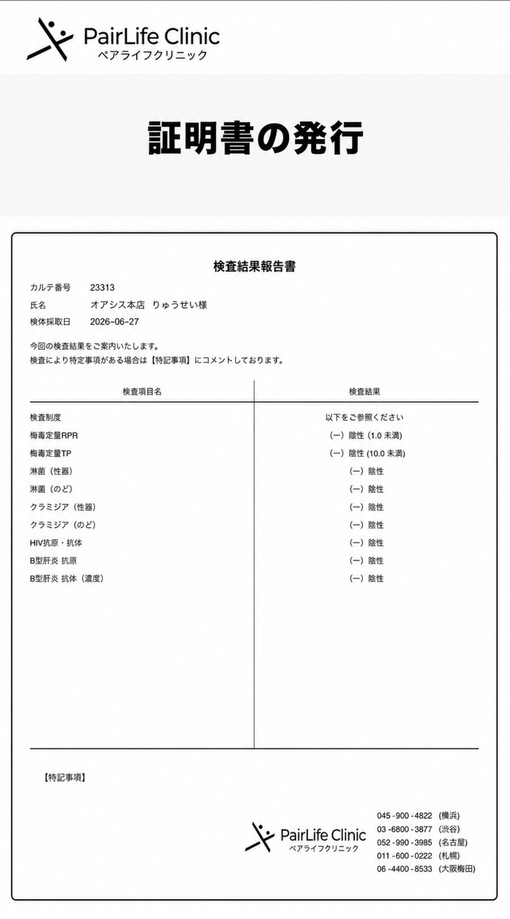 RYUSEI(ﾘｭｳｾｲ) 性病検査の結果