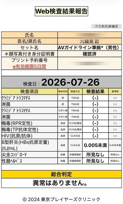 TAKUMI(ﾀｸﾐ) 性病検査結果について
