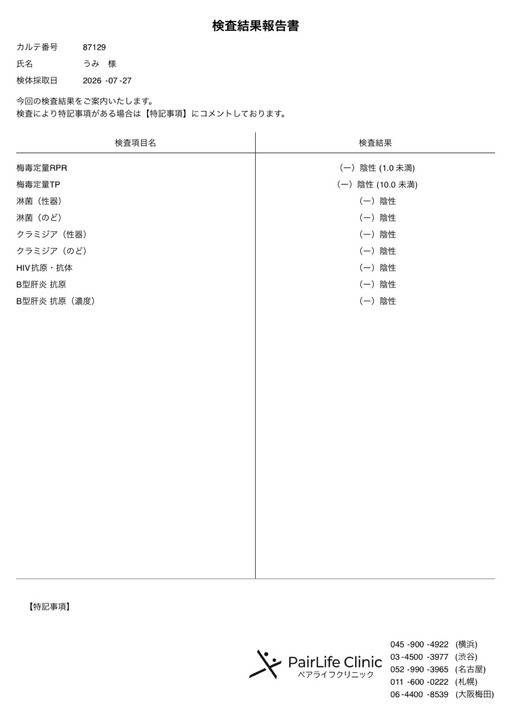 UMI(ｳﾐ) 性病検査結果報告