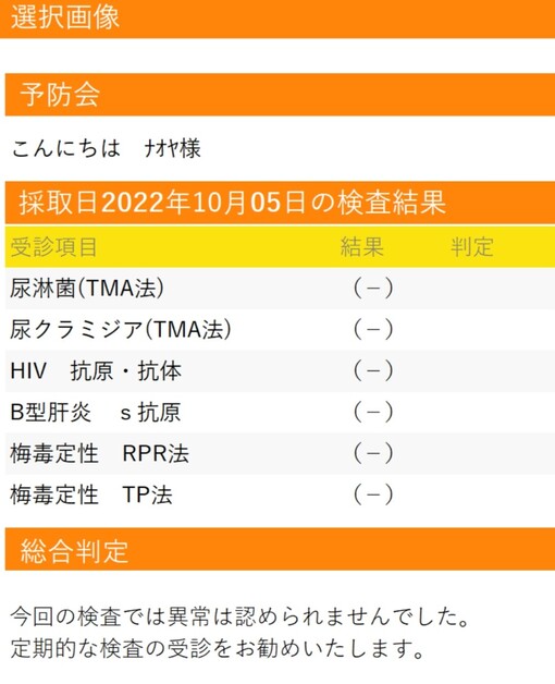 NAOYA(ﾅｵﾔ) 10月性病検査報告