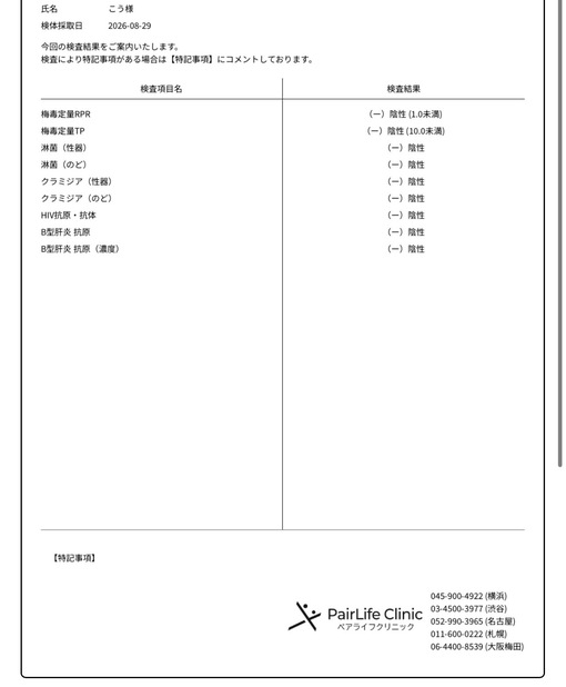 KOU(ｺｳ) 2026年９月性病検査