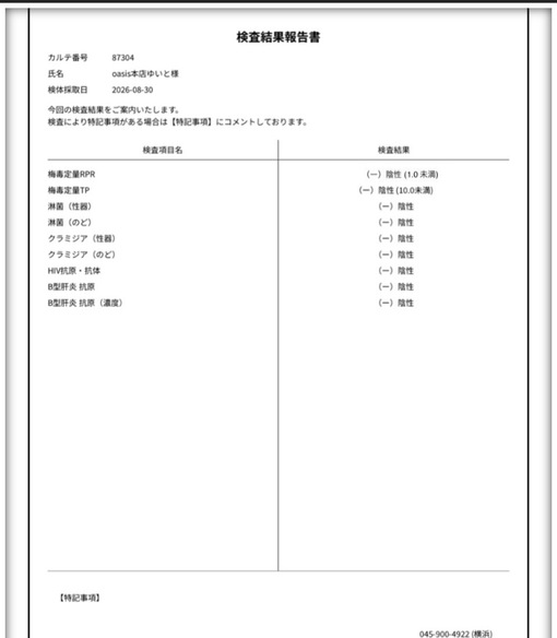 YUITO(ﾕｲﾄ) 性病検査結果