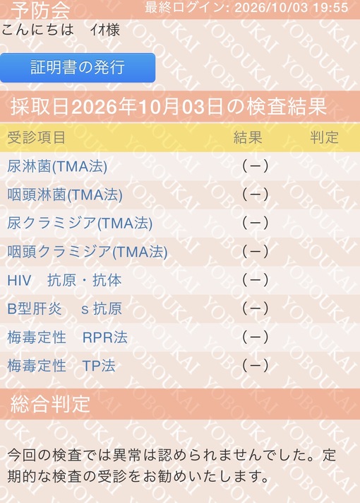 IO(ｲｵ) 10月性病検査結果