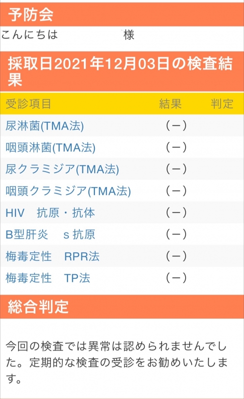 SYOKI(ｼｮｳｷ) 【2021/12/8】性病検査結果