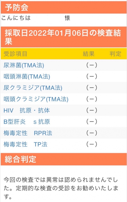 SYOKI(ｼｮｳｷ) 【2022/1/8】性病検査結果