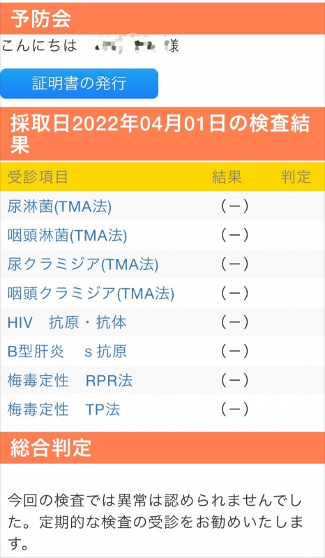 SYOKI(ｼｮｳｷ) 【2022/4/10】4月性病検査