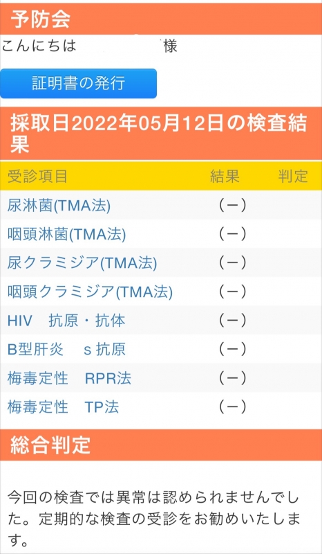 SYOKI(ｼｮｳｷ) 【2022/5/15】5月性病検査結果