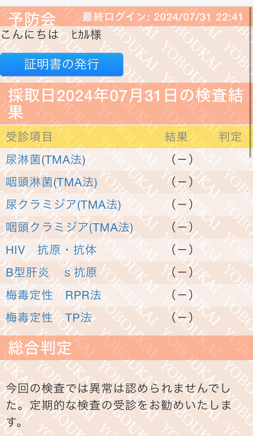 HIKARU(ﾋｶﾙ) 8月性病検査結果　陰性