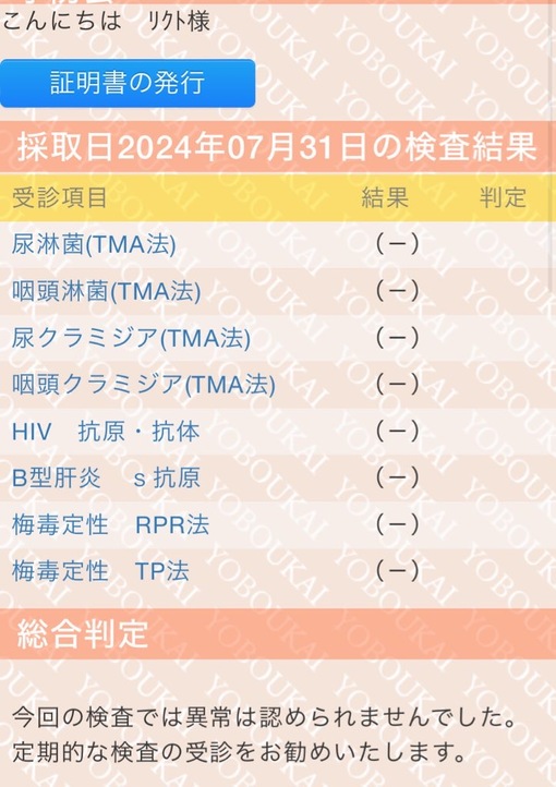 RIKUTO(ﾘｸﾄ) 8月度　性病検査結果⭕️