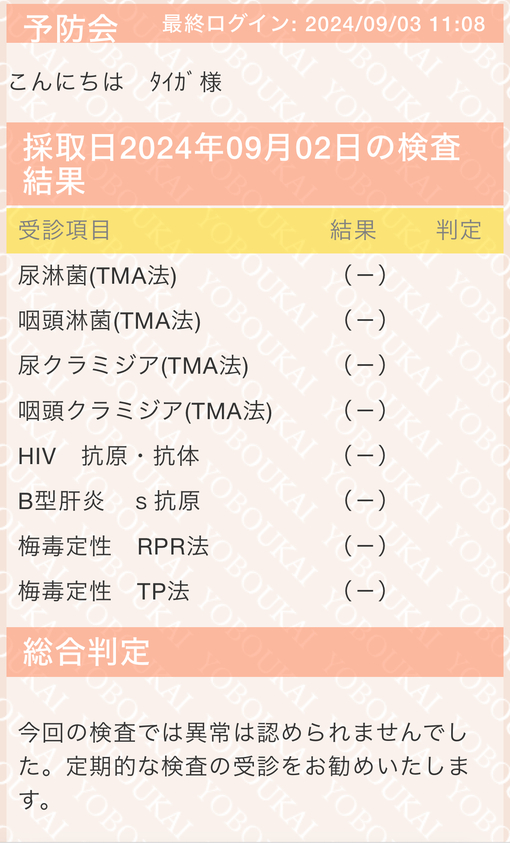 TAIGA(ﾀｲｶﾞ) 🌡️9月性病検査結果🌡️