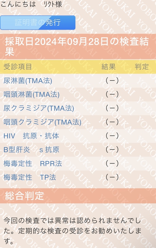 RIKUTO(ﾘｸﾄ) 10月度　性病検査結果⭕️