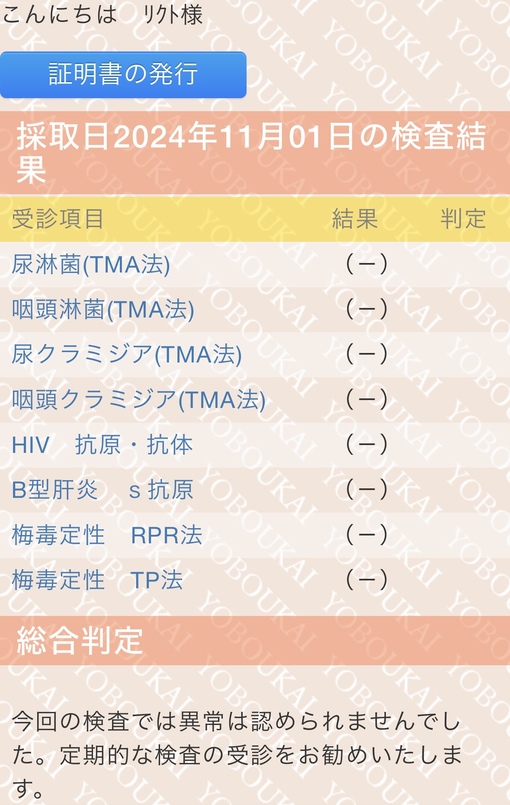 RIKUTO(ﾘｸﾄ) 11月度　性病検査結果⭕️