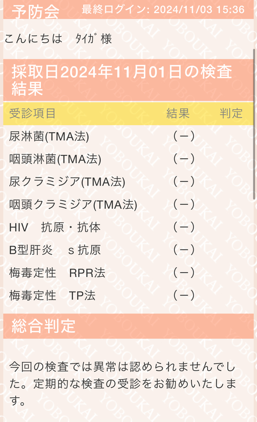 TAIGA(ﾀｲｶﾞ) 11月性病検査結果