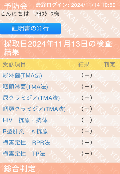 SYOTARO(ｼｮｳﾀﾛｳ) 再検査/11月性病検査結果