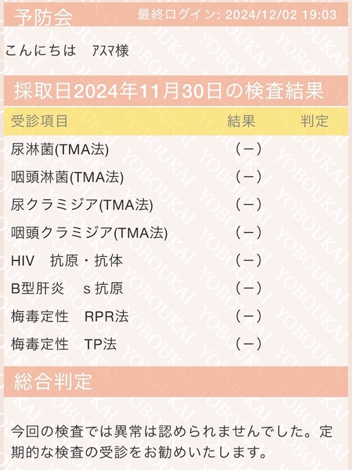 ASUMA(ｱｽﾏ) 性病検査、オールクリアです✨