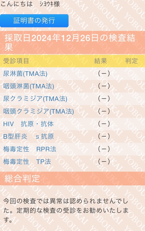 青山翔輝(ｱｵﾔﾏｼｮｳｷ) 12月性病検査結果